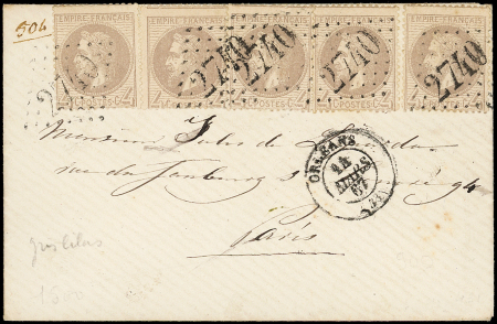 N°27Ab 4c gris-lilas, T I, 5 ex. obl. GC 2740 s. Env., càd ORLEANS 14/3/67, TB