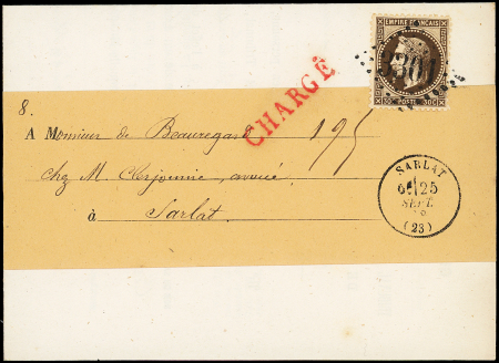 N°30b 30c brun noir obl. GC 3301 s. LAC du Tribunal avec sa bande, càd T16 SARLAT 25/9/69, CHARGE LOCAL, TTB