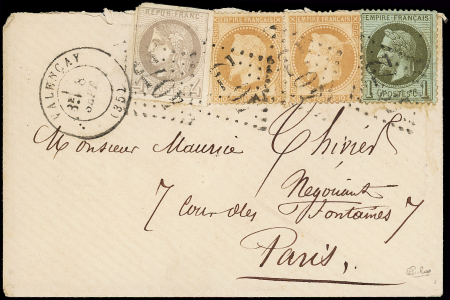 N°25, 28B (2) et 41B obl. GC 4072 s. Env., càd T17 VALENCAY 8/9/71, inf. déf. mais RR combinaison TRICOLORE, certif. JF Brun. C