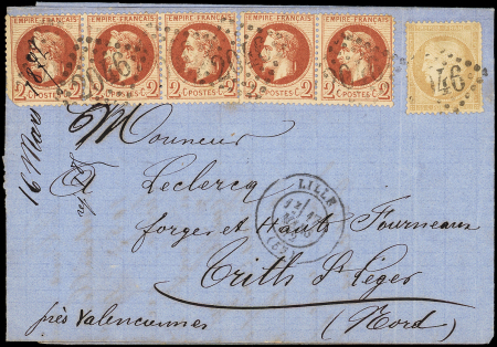 N°26 PAIRE et BANDE de 3 et N°59 obl. GC 2046 s. LAC, càd LILLE 17/3/72, 3 timbres défx sinon TB