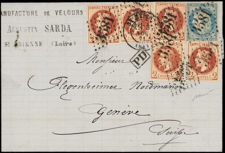 N°26B (5) et 37 obl. GC 3581 et càd T17 St ETIENNE 3/11/71 s. LAC, arr. AMBULANT GENEVE 14/11, très bonne combinaison, TTB