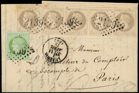 N°27A 4c gris T I BANDE de 5 (1 ex. déf.) + N°53, obl. GC 2139 s. LAC, càd T16 LUXEUIL 11/4/73, TB