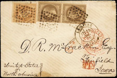 N°28B et 30 PAIRE obl. GC 1769 s. Env., càd T17 LE HAVRE 14/12/70, passage LONDON 15/12, CHICAGO 31/12 pour FAIRFIELD IOWA, TB