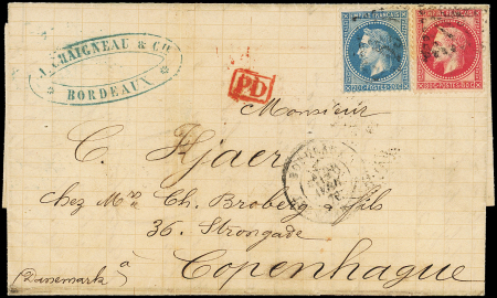 N°29B et 32 obl. GC 532 s. LAC, càd T17 BORDEAUX 23/4/70, arr. COPENHAGUE 29/4, DOUBLE PORT, petit pli d'archive mais néanmoins TB