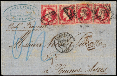 N°32 80c rose, 2 PAIRES obl. GC 532 s. LAC, càd Bordeaux 24/1/70, pour BUENOS AYRES, TB