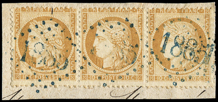 N°36 10c bistre, BANDE de 3 obl. GC BLEU 1865 sur fragt, TB