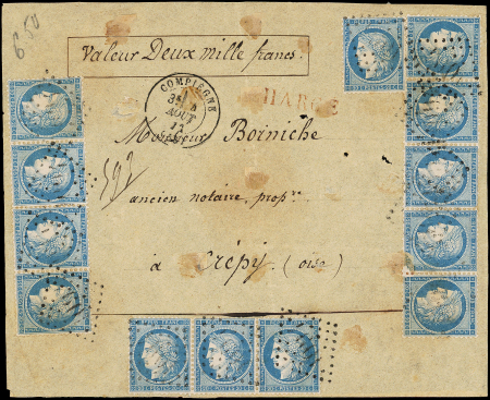 N°37 20c bleu, 13 ex. dont BANDES de 3 et de 5 obl. GC 1094 s. DL CHARGE, càd T17 COMPIEGNE 4/8/71, spectaculaire et TB