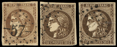 N°47 30c brun, 3 nuances oblitérées, TB
