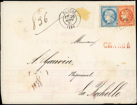 N°48 40c orange + N°37 obl. PC du GC 1065 s. Env. CHARGE, rabat mq, càd T17 COGNAC 26/8/71, TB