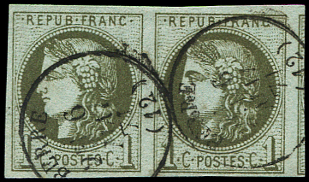 N°39A 1c olive, R I, PAIRE obl. càd T16 6/5/71, voisin à droite, TTB
