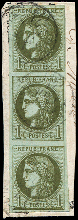 N°39B 1c olive, R II, BANDE de 3 obl. càd sur fragment, TB