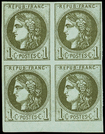 N°39C 1c olive, R III, 1er état, BLOC de 4 bdf, neuf *, 2 infimes points clairs et ch. sur la paire inf., sinon TB