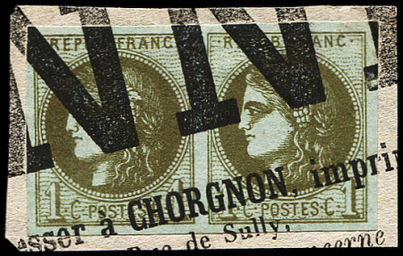N°39C 1c olive, R III, PAIRE obl. TYPO s. fragt, TB