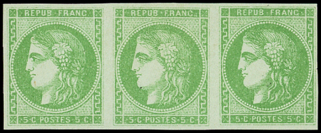 N°42B 5c vert, BANDE de 3, ch. sur timbre du milieu, neuf **, TB