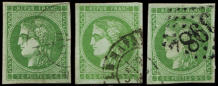 N°42B 5c vert-jaune, R II, 3 ex. obl. càd T17 (2) et GC 3982, TB
