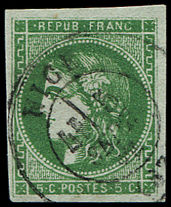 N°42Ba 5c vert-jaune foncé, R II, obl. càd T17 NICE, TB