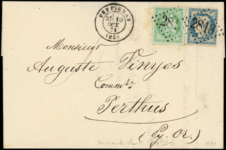 N°42Bi 5c vert EMERAUDE clair et N°37 obl. GC 2818 s. LAC, càd T17 PERPIGNAN 10/10/71, nuance certifiée Calves, Superbe