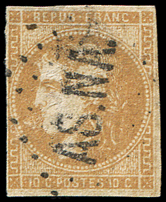 N°43A 10c bistre, R I, obl. AS.NA, défx, mais RR, frappes TB. C