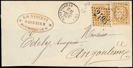 N°43A 10c bistre, R I, PAIRE avec RR DECALAGE d'impression, obl. GC 2495 s. LSC incomplète, càd T16 MONTMOREAU 29/4/71, TB