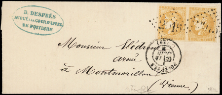 N°43Bc 10c bistre-jaune CITRON R II, PAIRE petite fente s. 1 ex., obl. GC 2915 s. LSC, càd T17 POITIERS 24/6/71, très plaisant, jolie nuance, certif. Calves