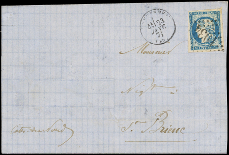 N°44A 20c bleu, T I, R I, obl. GC 1934 s. LSC, càd T16 LANDERNEAU 23/1/71, TB