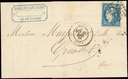 N°44B 20c bleu, T I R II, obl. GC 55 s. LAC, càd T17 ALBI 17/12/70, TB. J