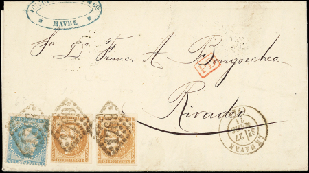 N°43A R I (2 ex.) et N°29B obl. GC 1769 s. LAC, càd T17 LE HAVRE 27/3/71 pour RIVADEO (Espagne), bonne combinaison