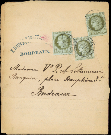 N°50    1c vert-olive, 3 ex. obl. càd BORDEAUX 10/3/76