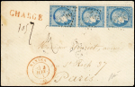N°60A 25c bleu, T I, BANDE de 3 obl. GC 2602 s. Env.