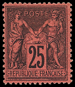 N°91 25c noir sur rouge,  neuf *, ch. un peu forte,