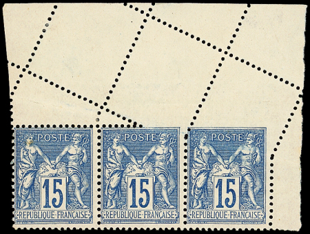 N°101 15c bleu, BANDE de 3 avec spectaculaire variété