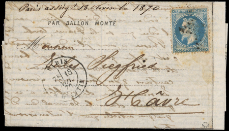 N°29 obl. Etoile R. d'Antin 18/11/70 s. DEPECHE-BALLON N°7, pour LE HAVRE, TB