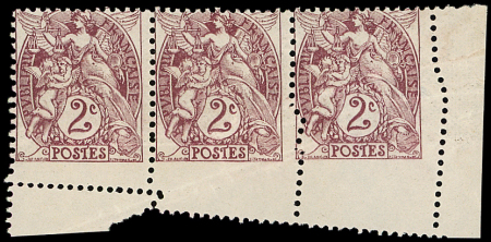 N°108 Blanc, 2c brun-lilas, spectaculaire variété de PIQUAGE en cdf dans une BANDE de 3, 1 t. *, TB