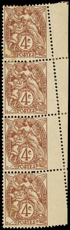N°110 Blanc, 4c brun-jaune, BANDE de 4, jolie variété de PIQUAGE donnant 3 ex. dentelés 3 COTES, TB
