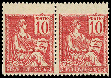 N°116 Mouchon, 10c rouge, PAIRE timbres PLUS GRANDS par décalage du peigne, neuf *, TB