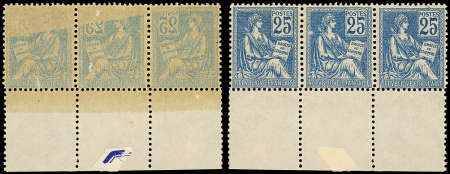 N°118   Mouchon, 25c bleu, BANDE de 3 RECTO-VERSO, bdf, neuf **, 2 infimes éclats de g. s. 1 t., très bon centrage, TB