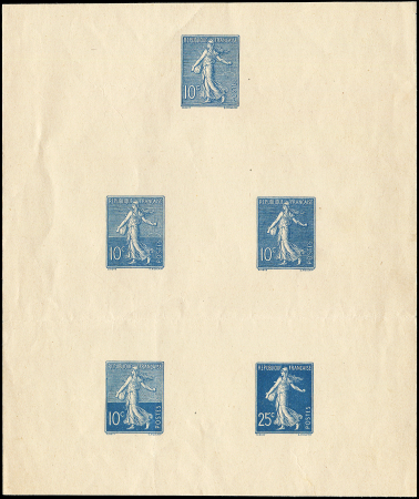 N°129 Semeuse Lignée, épreuve collective en bleu de 5 ex. 10c. (4) et 25c. (1), types différents, TB