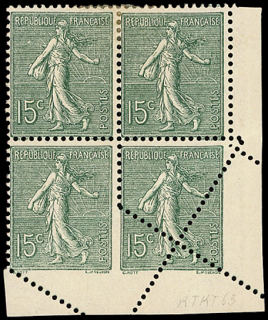 N°130 Semeuse Lignée, 15c vert gris, PIQUAGE OBLIQUE