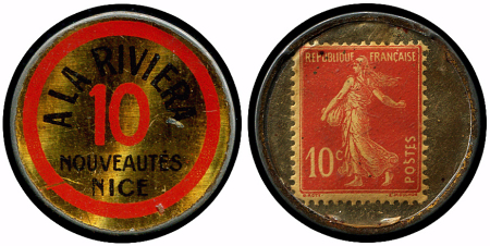 N°138 Semeuse Camée, 10c rouge, Timbre-Monnaie RIVIERA,