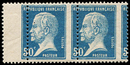 N°176 Pasteur, 50c bleu, PIQUAGE à CHEVAL, PAIRE bdf,
