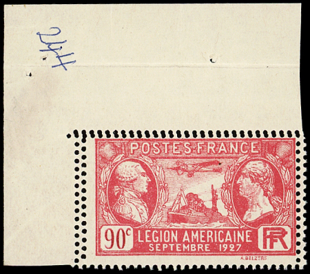 N°244 Légion Américaine, 90c rouge, DOUBLE PIQUAGE,