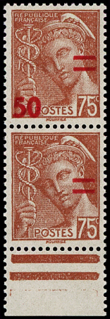 N°477 Mercure, 50c s. 75c brun, surch. BARRES SEULES