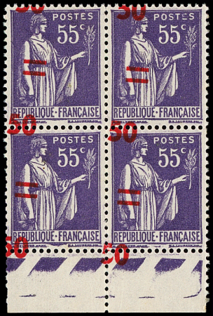 N°478 Paix, 50 s. 55c violet, BLOC de 4 avec surcharge