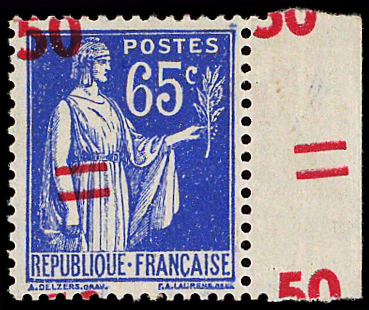 N°479 Paix, 50c s. 65c outremer, surcharge TRES DEPLACEE,