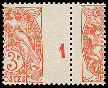 N°109a Blanc, 3c rouge-orange, T IB, PIQUAGE A CHEVAL, Mill.1, neuf **, R et TB