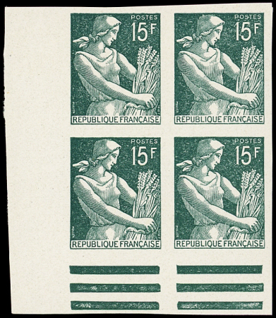 N°1116A Moissonneuse, 15f. vert foncé, NON EMIS, BLOC de 4 cdf, nsg, TB, N° Maury, certif. Calves
