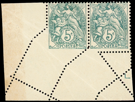 N°111c Blanc, 5c vert, T IA, PAIRE cdf avec PIQUAGE OBLIQUE, neuf *, TB
