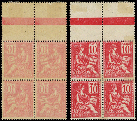 N°116b Mouchon, 10c rouge, BLOC de 4 bdf, IMPRESSION RECTO-VERSO, neuf ** (ch. au recto), TB