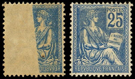 N°118h Mouchon, 25c bleu, T II, RECTO-VERSO partiel, neuf **, TB