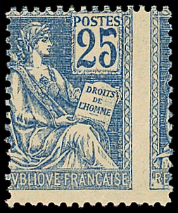 N°118j Mouchon, 25c bleu, PIQUAGE A CHEVAL, neuf **, TB